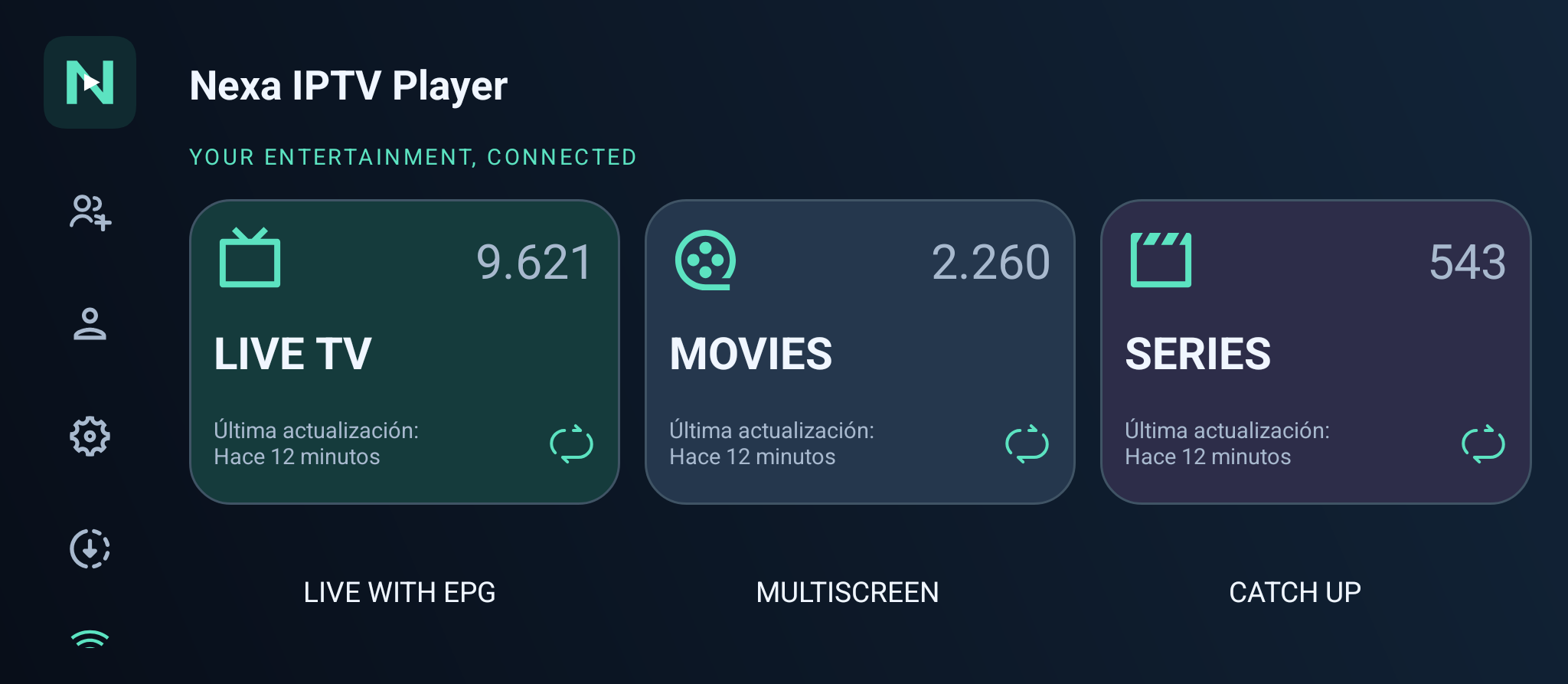 Nexa app home screen with Live TV, Movies and Series.